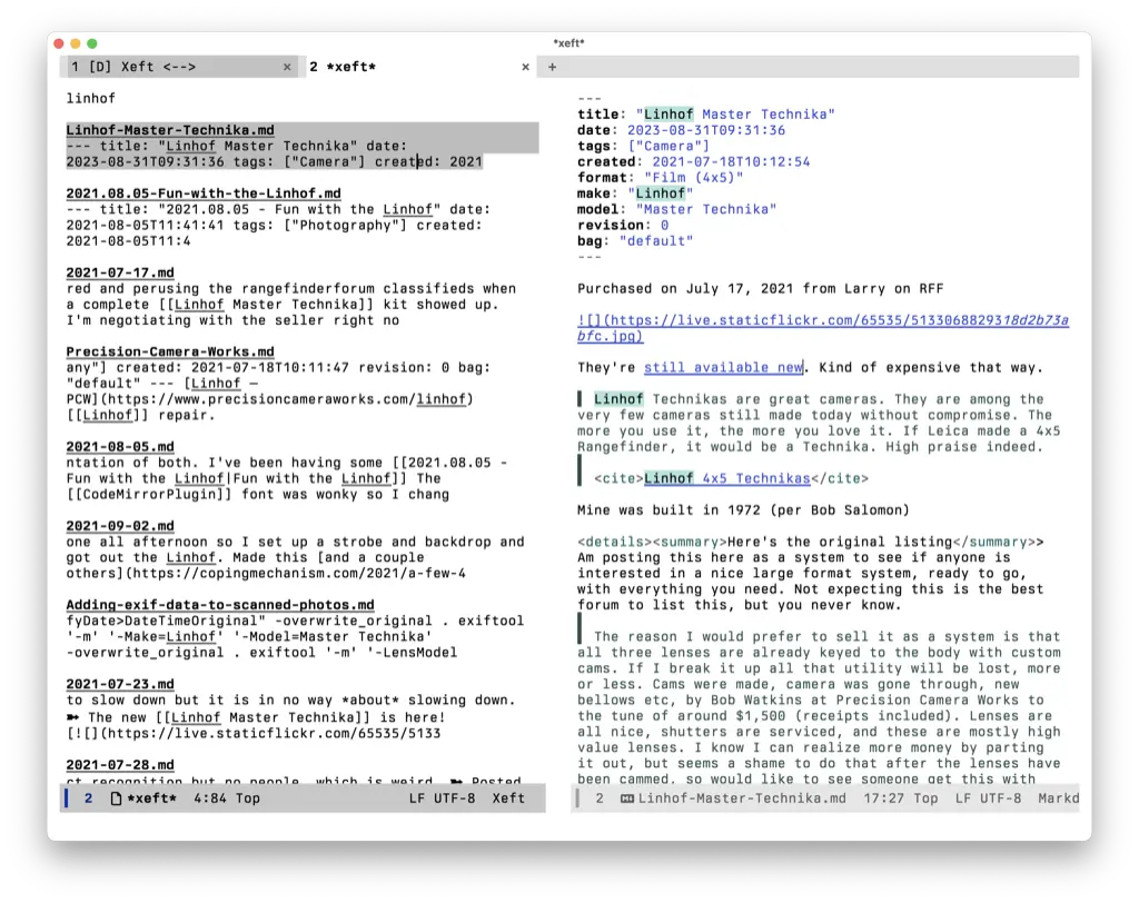 Searching my Obsidian vault in Emacs using Xeft