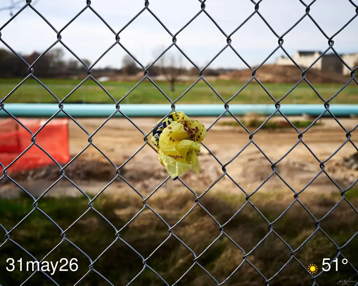 Fast food wrapper stuck in chain link fence
