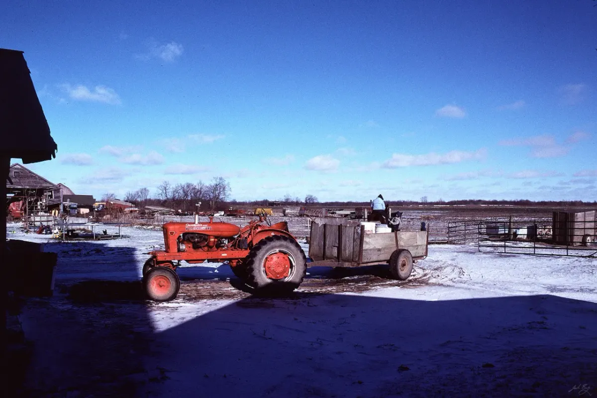 Red tractor in field beneath blue sky