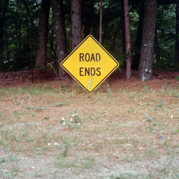 Street sign reading Road Ends in front of trees