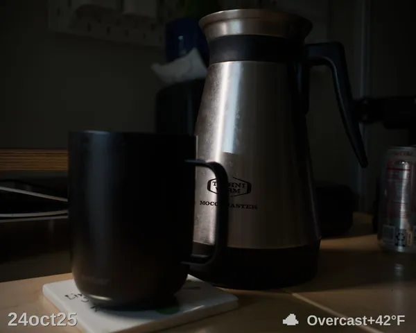 Coffee pot and cup on desk